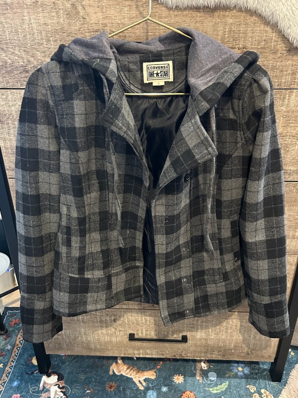 Converse One Star Hooded Plaid Jacket With Pleated Back Detail